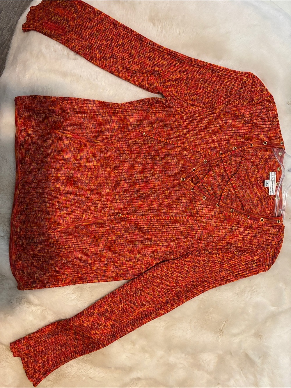 Charter Club Orange Marled Lace-Up V-Neck Sweater